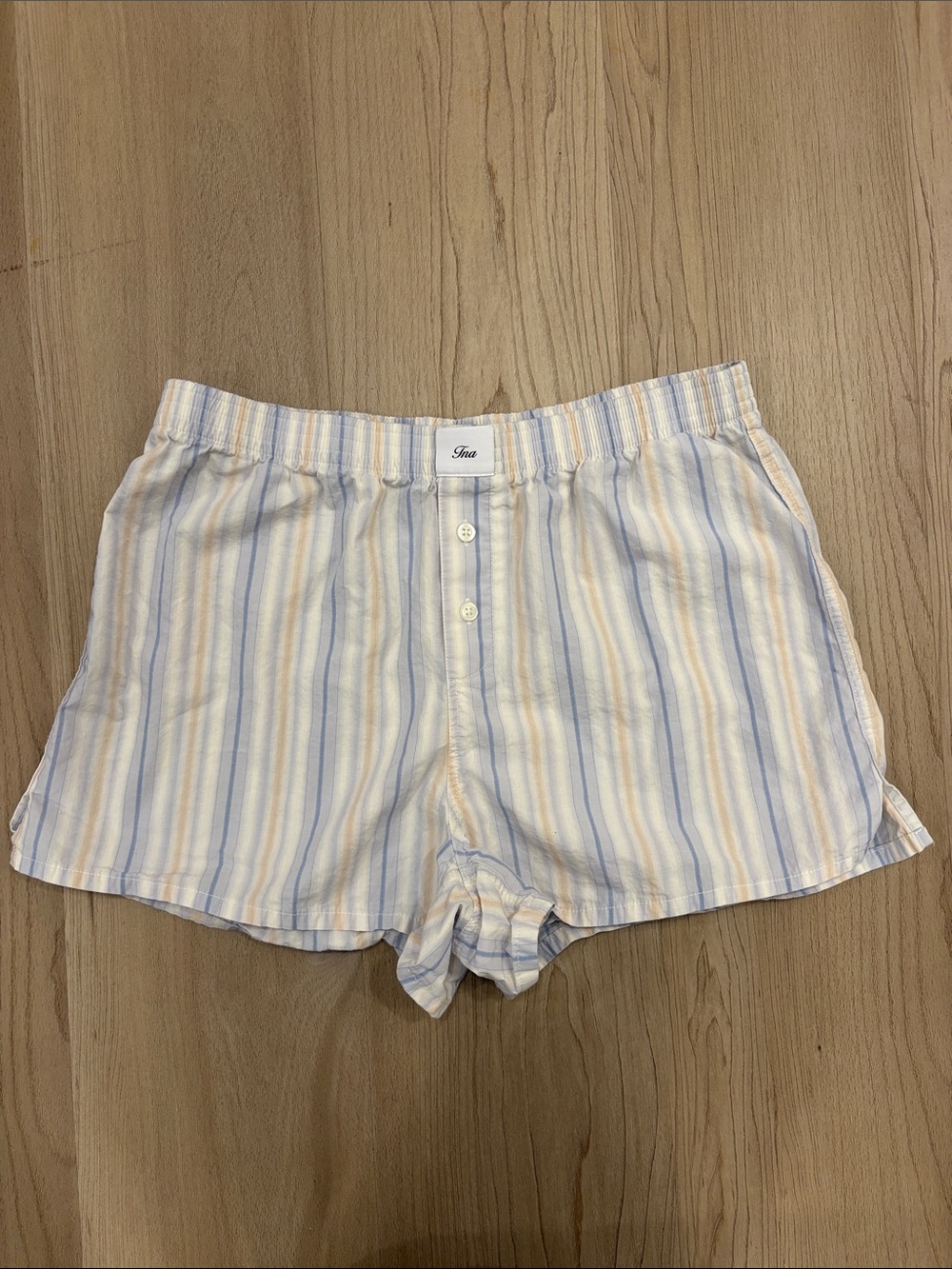 Aritzia TNA blue/white/tan striped boxer shorts size medium